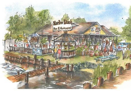 Watercolor painting of Harbor Beach Bar & Restaurant on a dock by the water, with people walking around, outdoor seating, trees, and a blue sky.