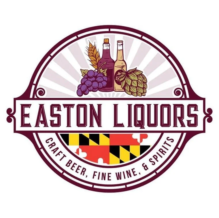 A logo for Easton Liquors featuring illustrations of grape clusters, hops, and bottles of liquor, with Maryland state flag design and text indicating craft beer, fine wine, and spirits.