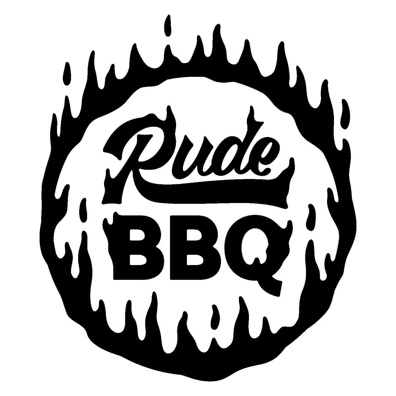 Black and white logo with the words "Rude BBQ" inside a circular flame design.
