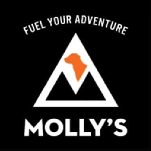 A black logo with a white triangle, an orange dog head silhouette in the center, and the text "Fuel Your Adventure" at the top and "Molly's" at the bottom.