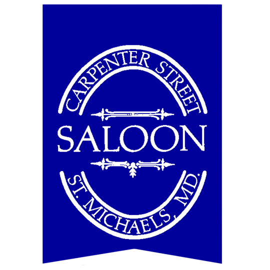 Sign with blue background and white text reading 'Carpenter Street Saloon St. Michael's, MD' with decorative lines and an oval shape.