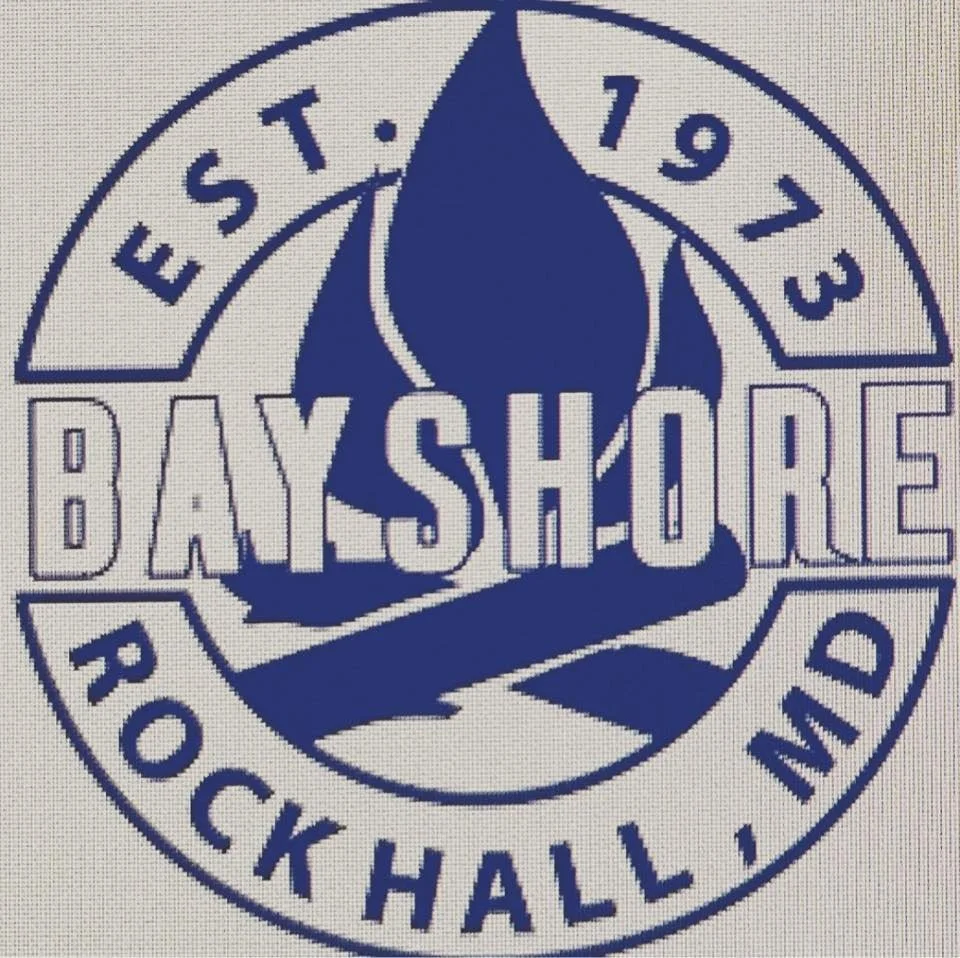 Logo for Bay Shore Rock Hall in New York, established in 1973, featuring a stylized radio tower and waves.