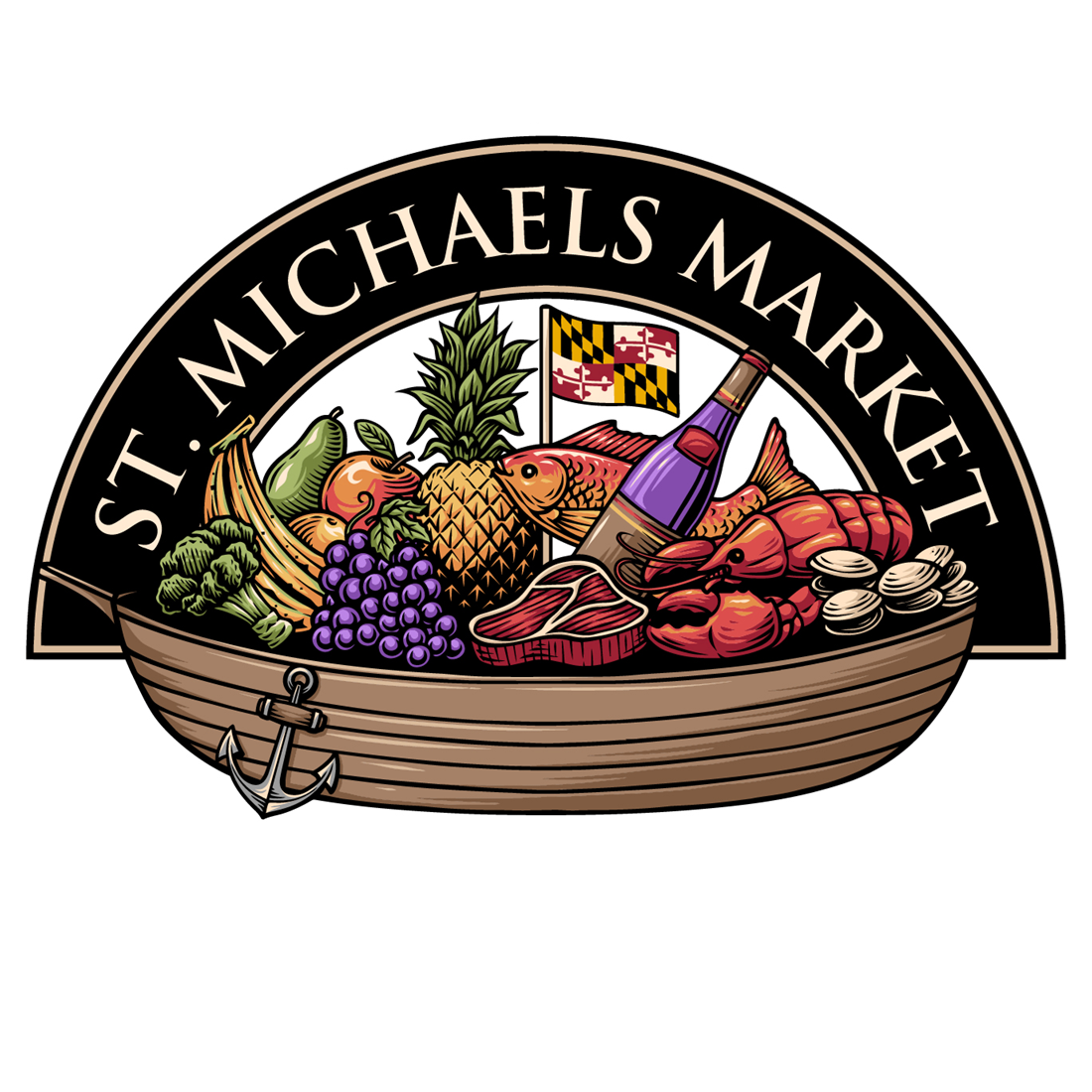 Logo of St. Michaels Market featuring a wooden boat filled with fruits, vegetables, seafood, meat, wine, and a Maryland flag.