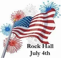 American flag waving with fireworks in the background, and text reading 'Rock Hall July 4th'.