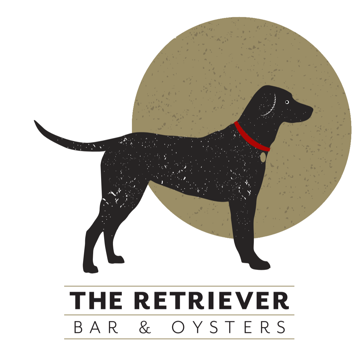 Logo of a bar and oysters called 'The Retriever'. It features a black retriever dog with a red collar, standing in front of a beige circle.