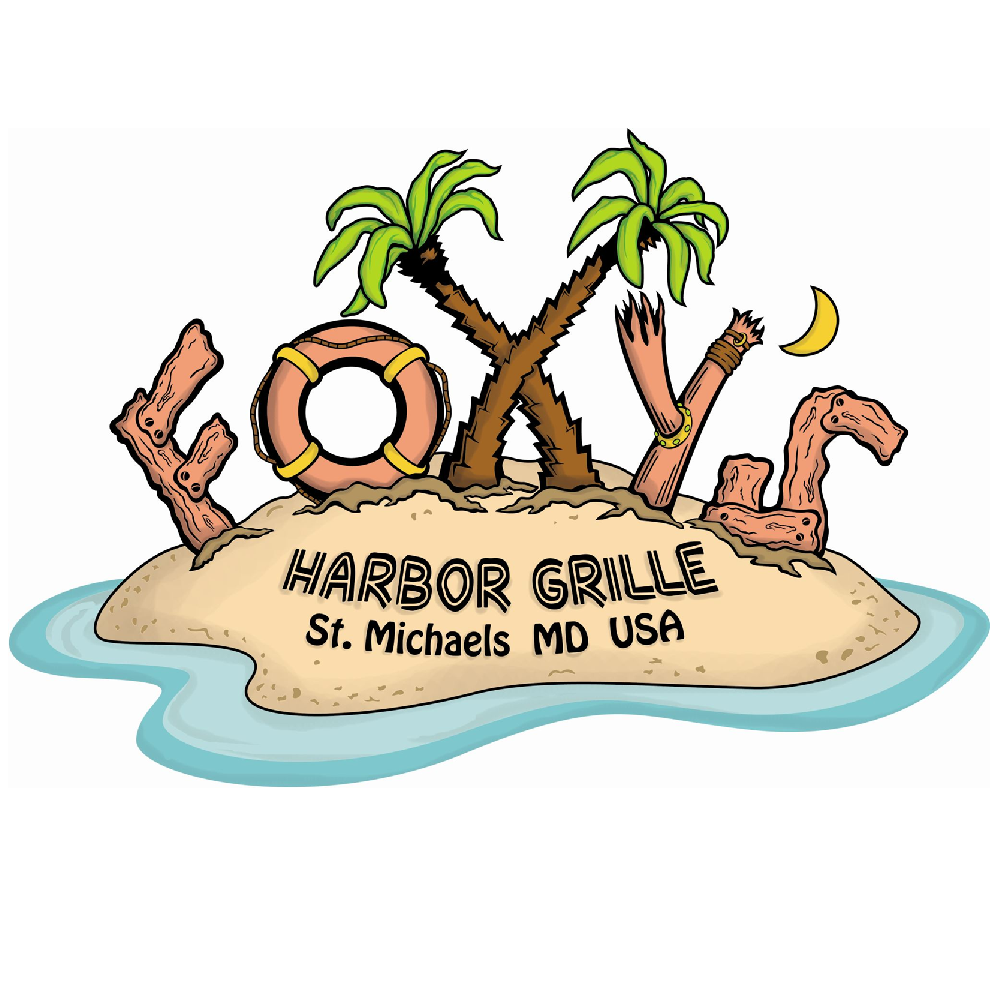 Illustrated tropical island scene with palm trees, a life preserver, wooden driftwood, a crescent moon, water surrounding the island, and the text 'Harbor Grille St. Michaels MD USA' on the island.
