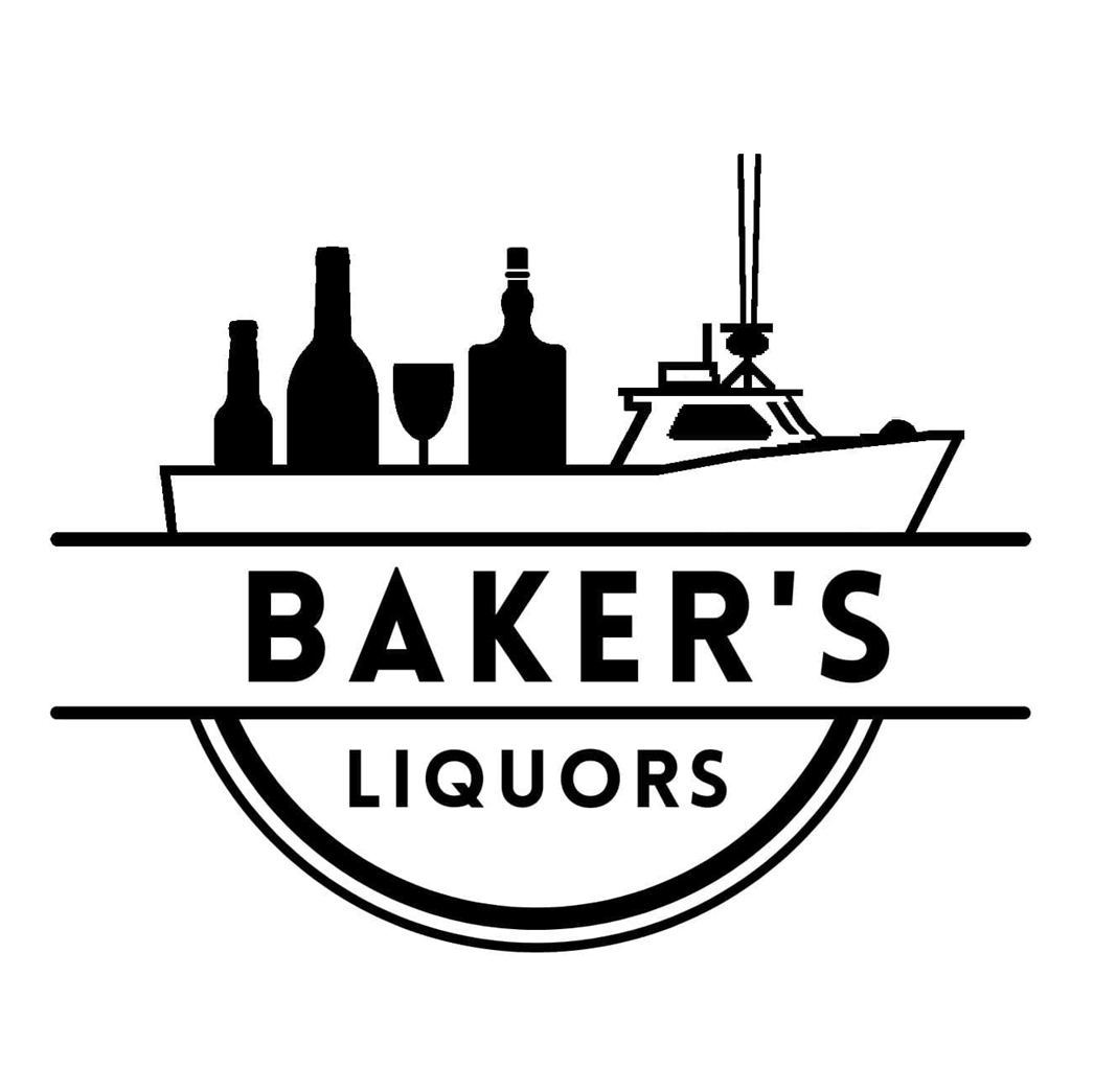Logo of Baker's Liquors featuring a boat with bottles and glasses on it, with text 'Baker's Liquors' underneath.