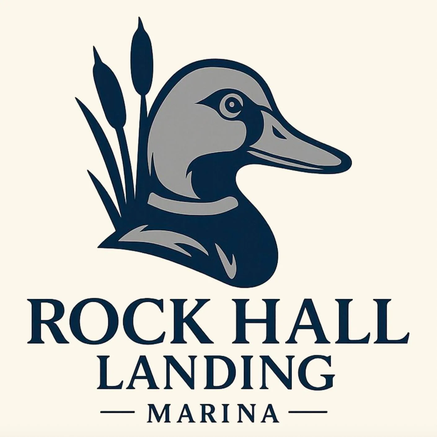 Logo for Rock Hall Landing Marina featuring a stylized duck's head with cattails in the background.