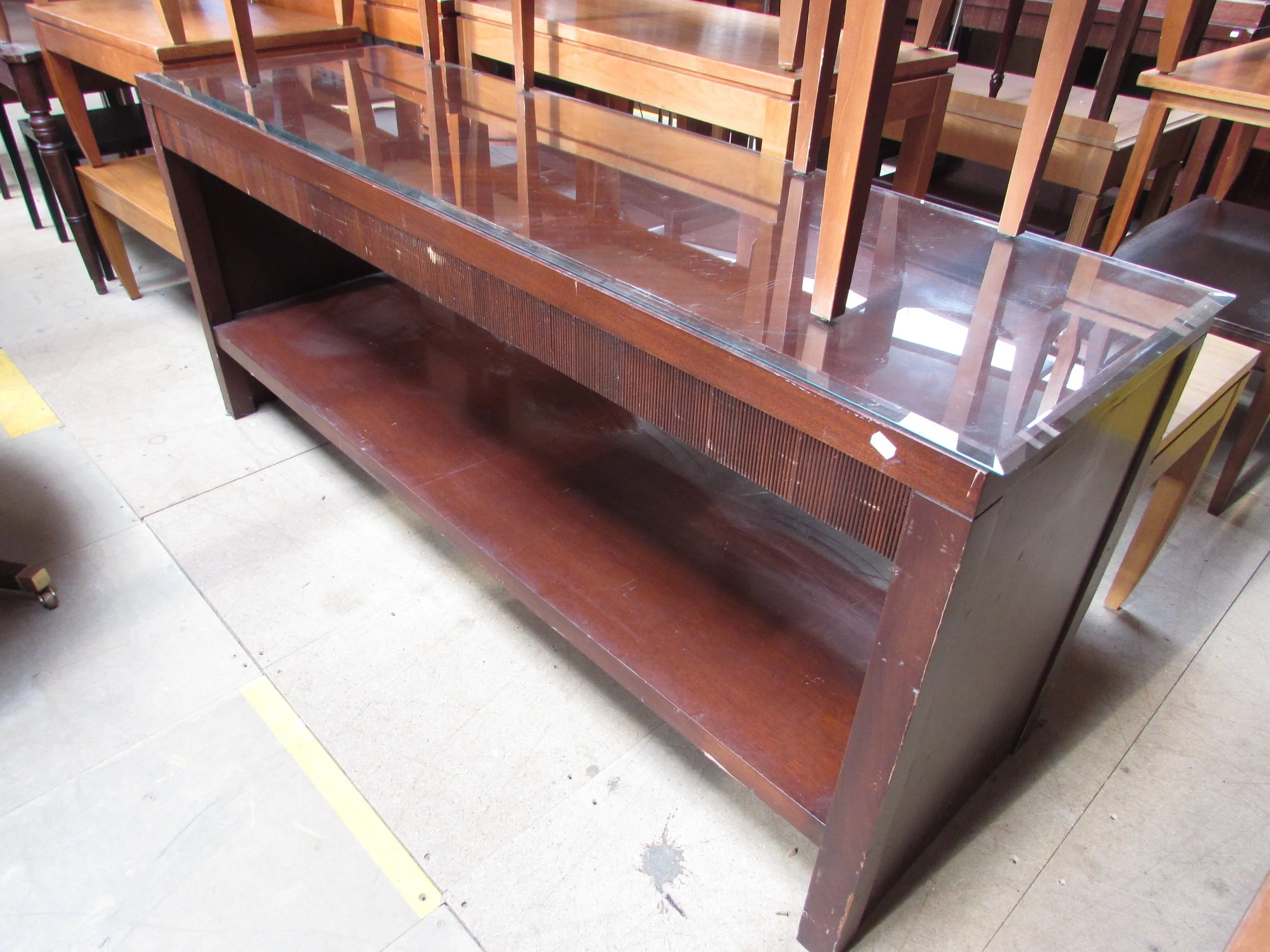 Mahogany servery, glass top to one.