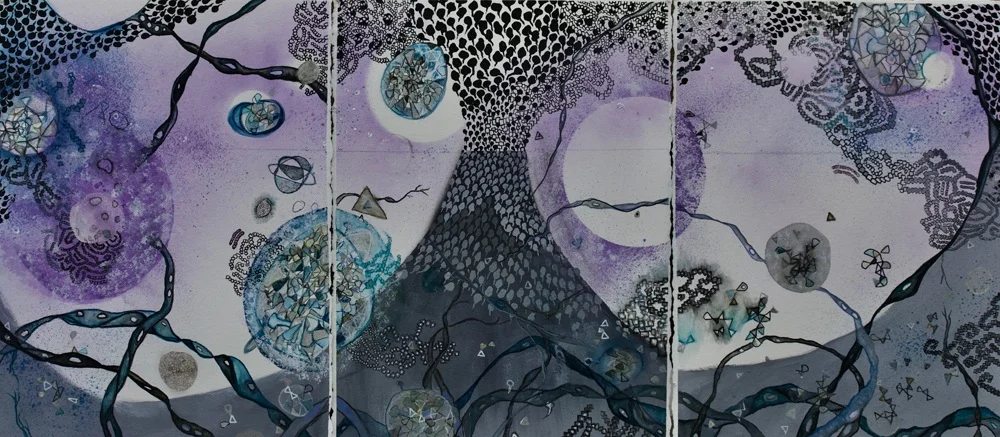 “Tryptic” Acrylic, watercolor, ink 30” x 69” Arches paper 2017
