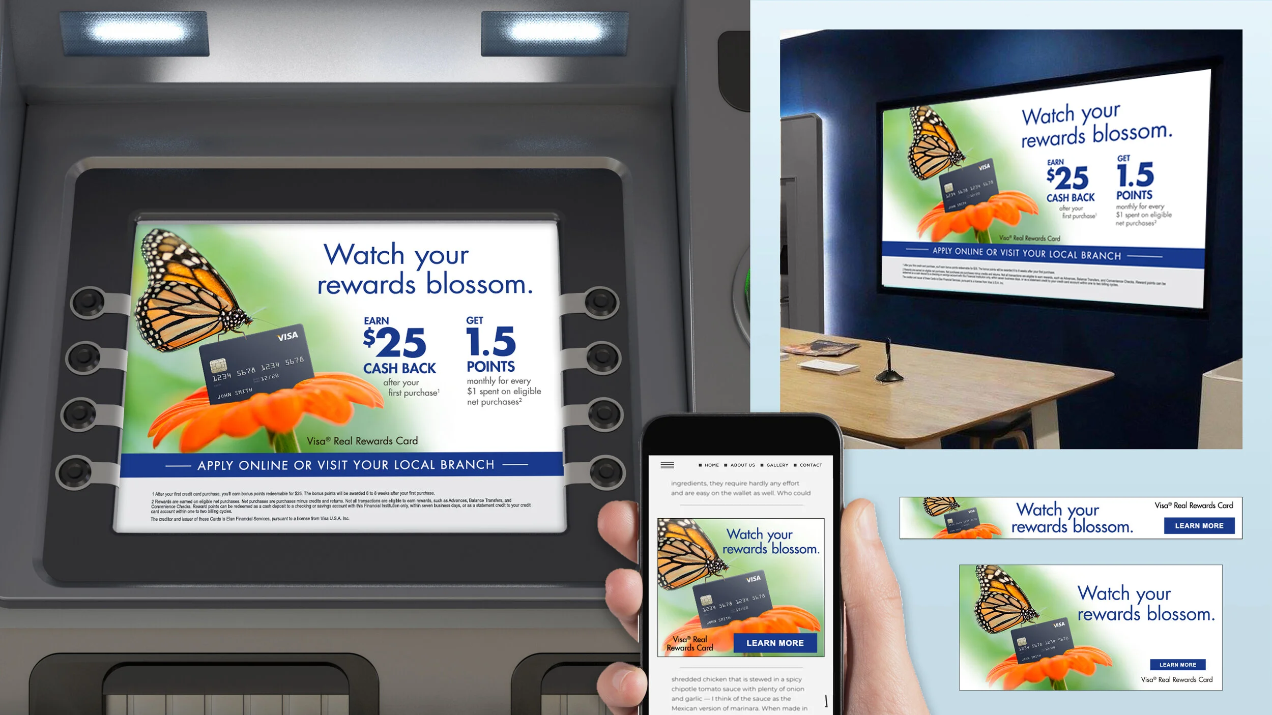  Helped established the seasonal digital assets program for USBank’s elan division. For each delivery, we would create ATM screens, TV screens, banner ads, and social media imagery. A consumer theme would be versioned for 6 different different cards,