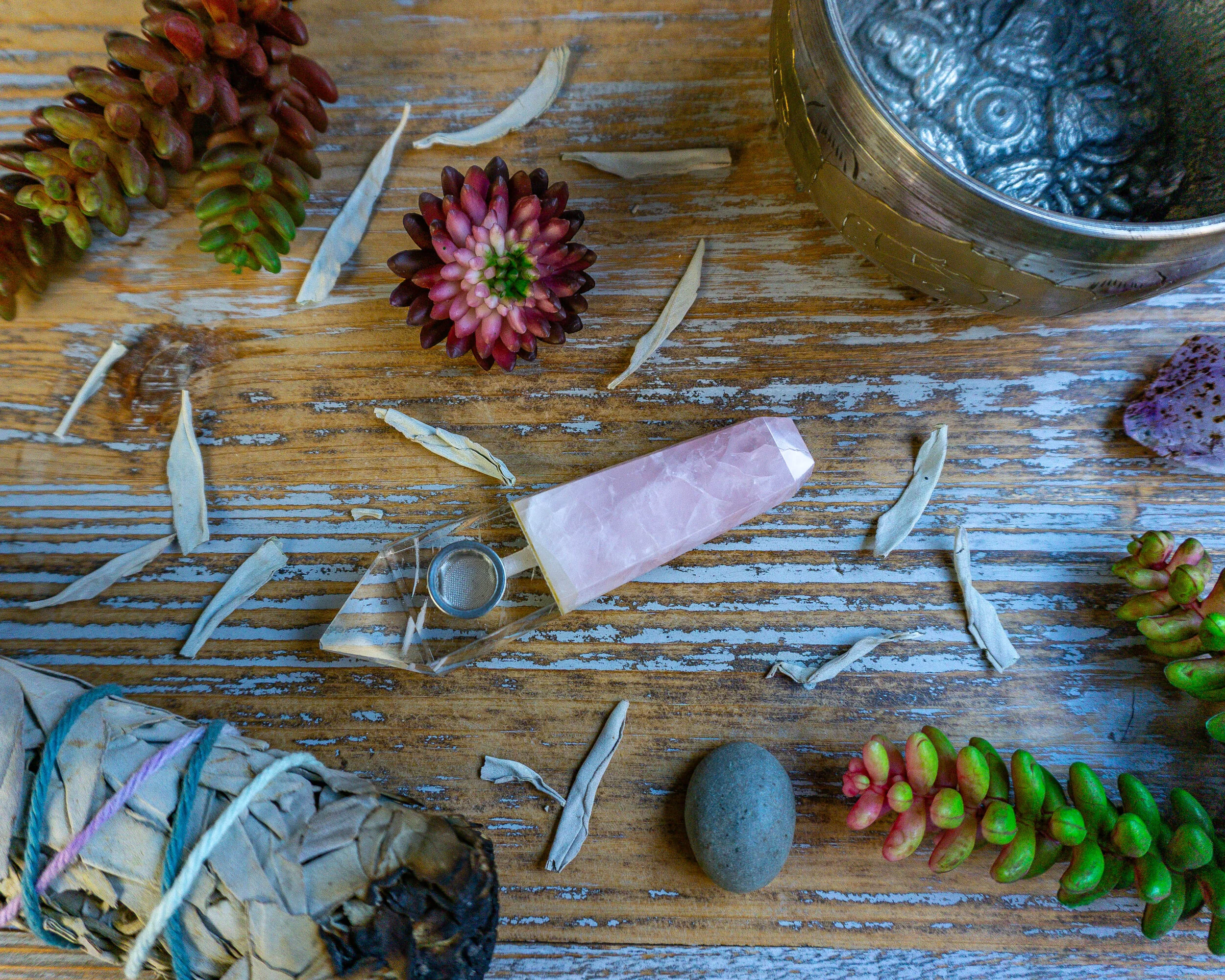 Rose Quartz Crystal Pipe with Clear Quartz Tip