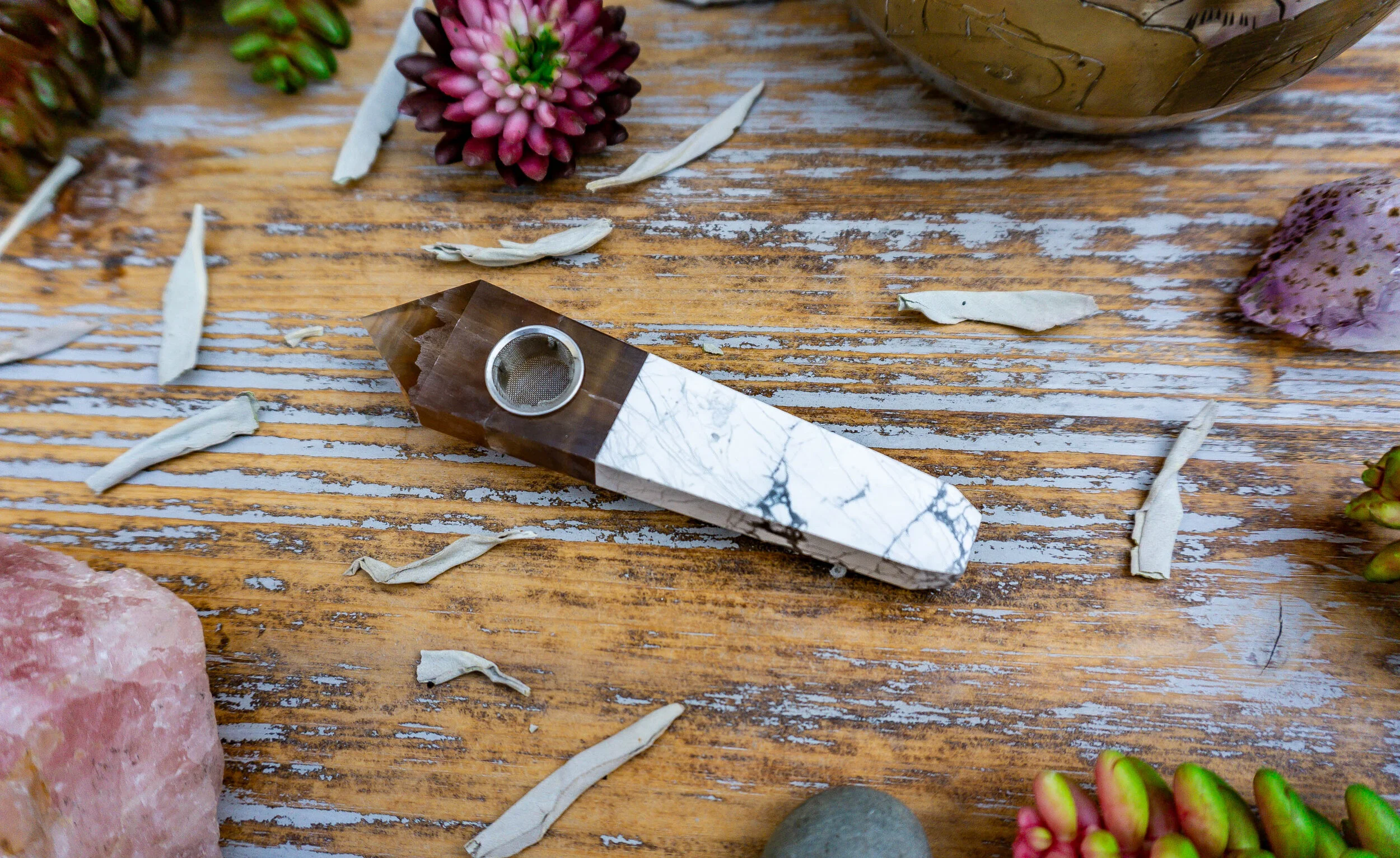 Howlite Crystal Pipe with Smokey Quartz Tip
