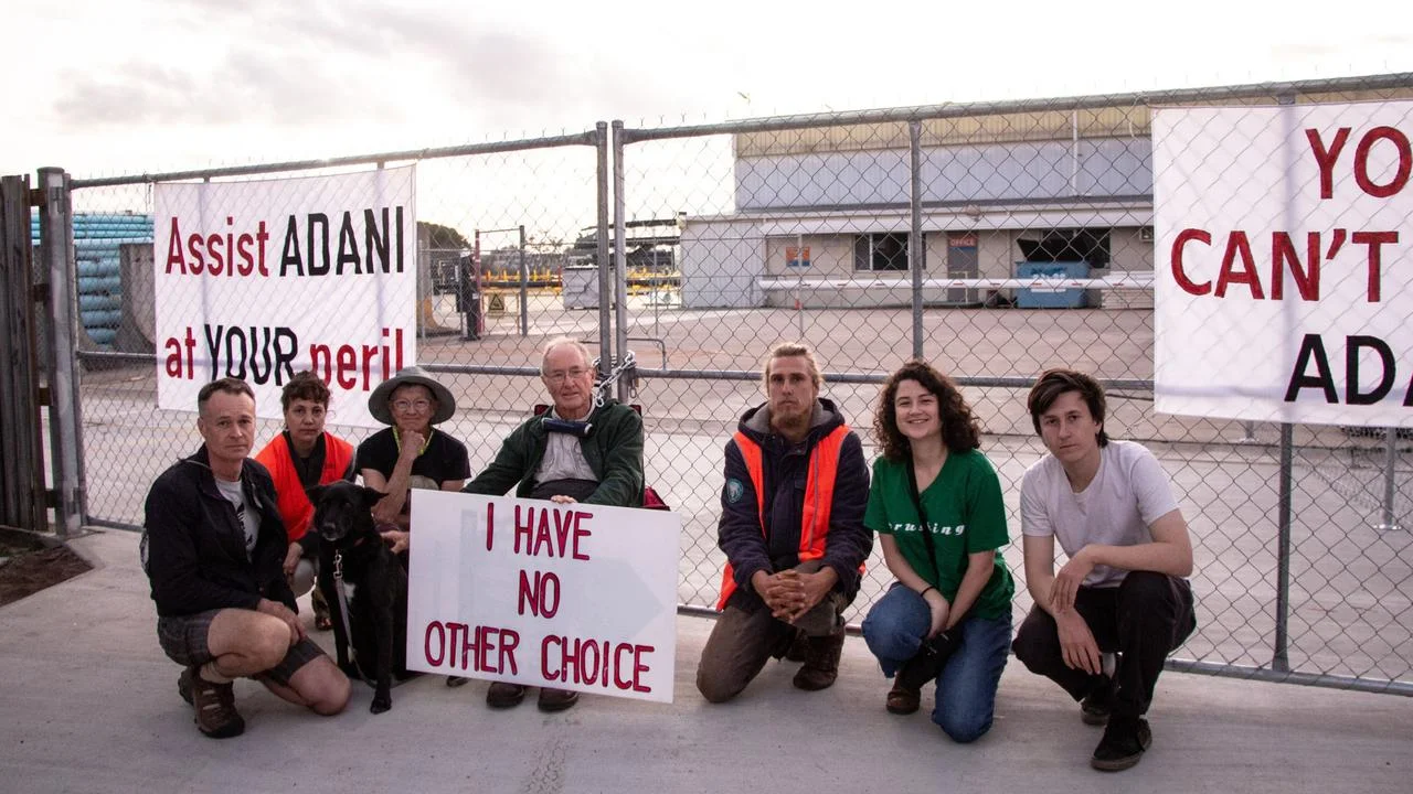 Galilee Blockade, 2019. John Sheridan from our Brisbane crew, arrested for locking down the Townsville operations of Iplex with some friends. This NZ-owned company want to provide 100km of PE Pipe for Adani's mine.