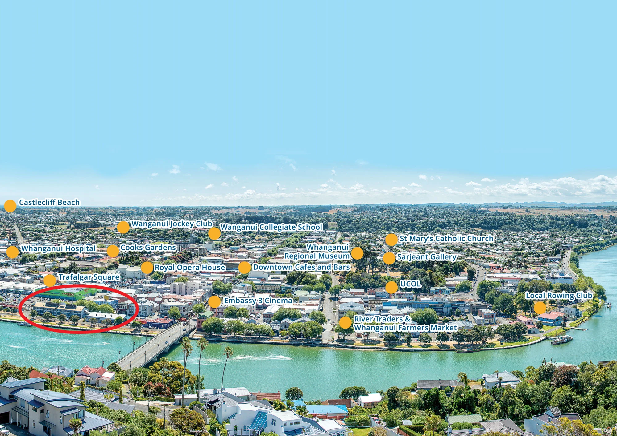 A view of Whanganui amenities surrounding Bridgewater Quay. Click to enlarge .