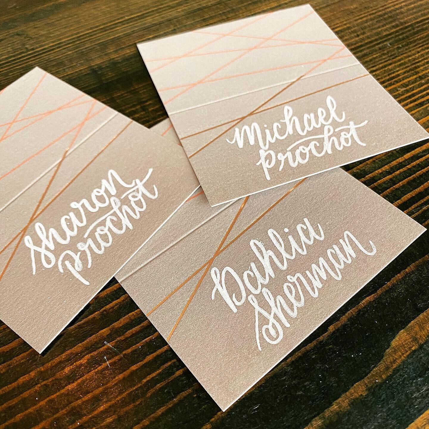 White ink for @jlrunnion&rsquo;s wedding place cards with a Uni Posca Paint Marker. A couple splatters, but not too shabby!
&bull;
&bull;
&bull;
#calligraphy #wedding #weddingart #placecards #calligratype #artist #whiteink