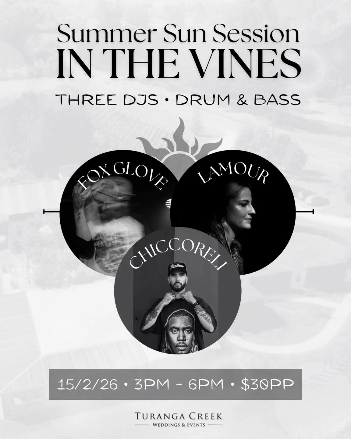 ☀️🎶 Summer Sun Session in the Vines 🍷

Soak up the sunshine and the beats at @turangacreek with 3 DJs bringing drum &amp; bass vibes for a laid-back summer afternoon in the vineyard.

📅 Sunday, 15th February 2025
⏰ 3&ndash;6pm
🎟️ $30 per person

