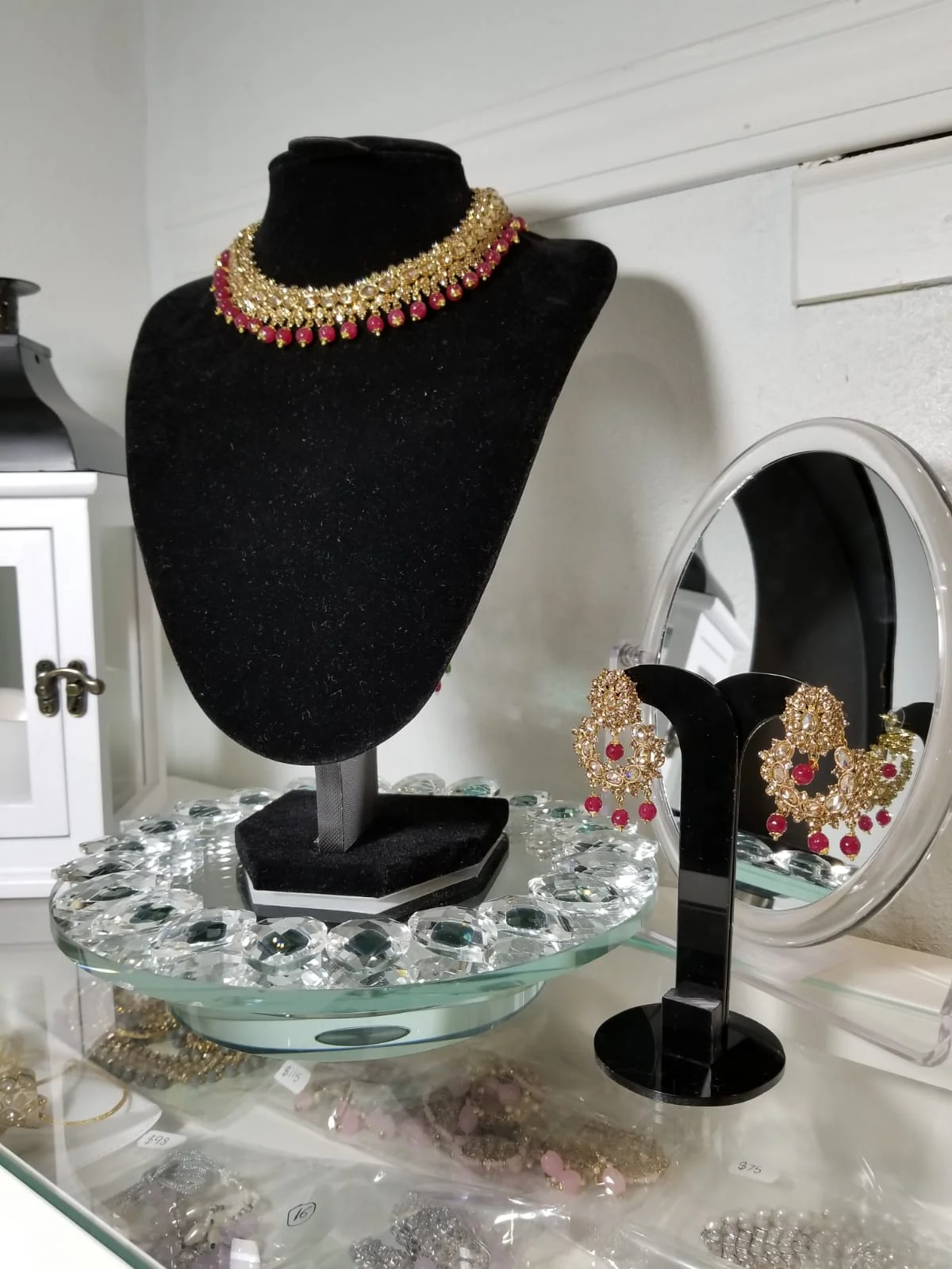 Champagne Gold Choker Set with Ruby Color Pearls 