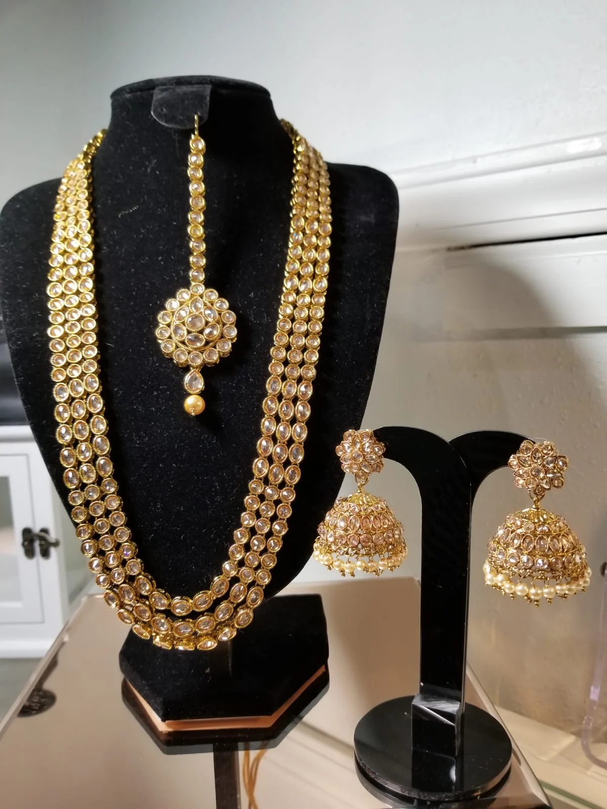 3 Champagne Gold String Long Necklace with Jhumka Tikka Set