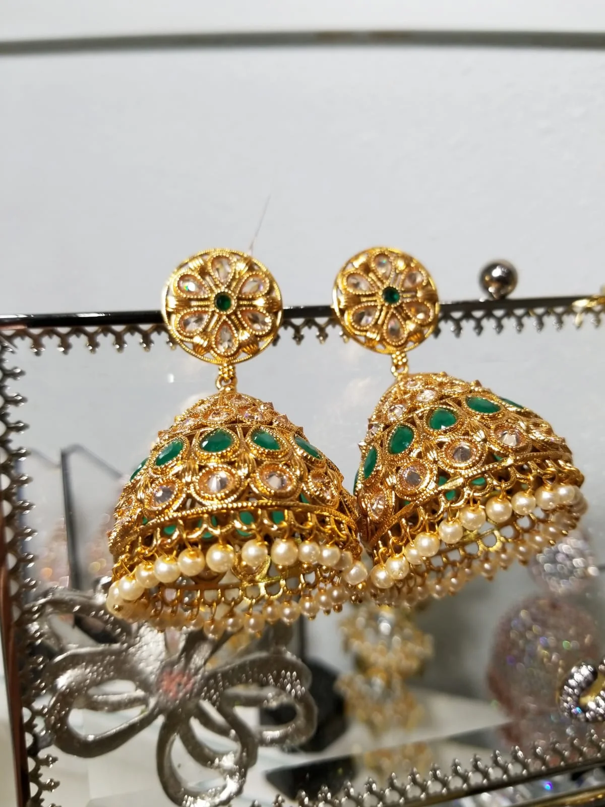 Emerald Color Pearl Jhumkas 