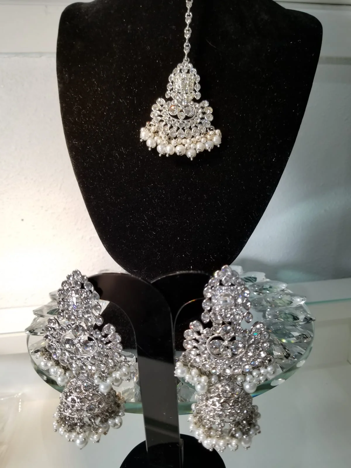 Silver Pearl Studded Earrings Set with Maang Tikka