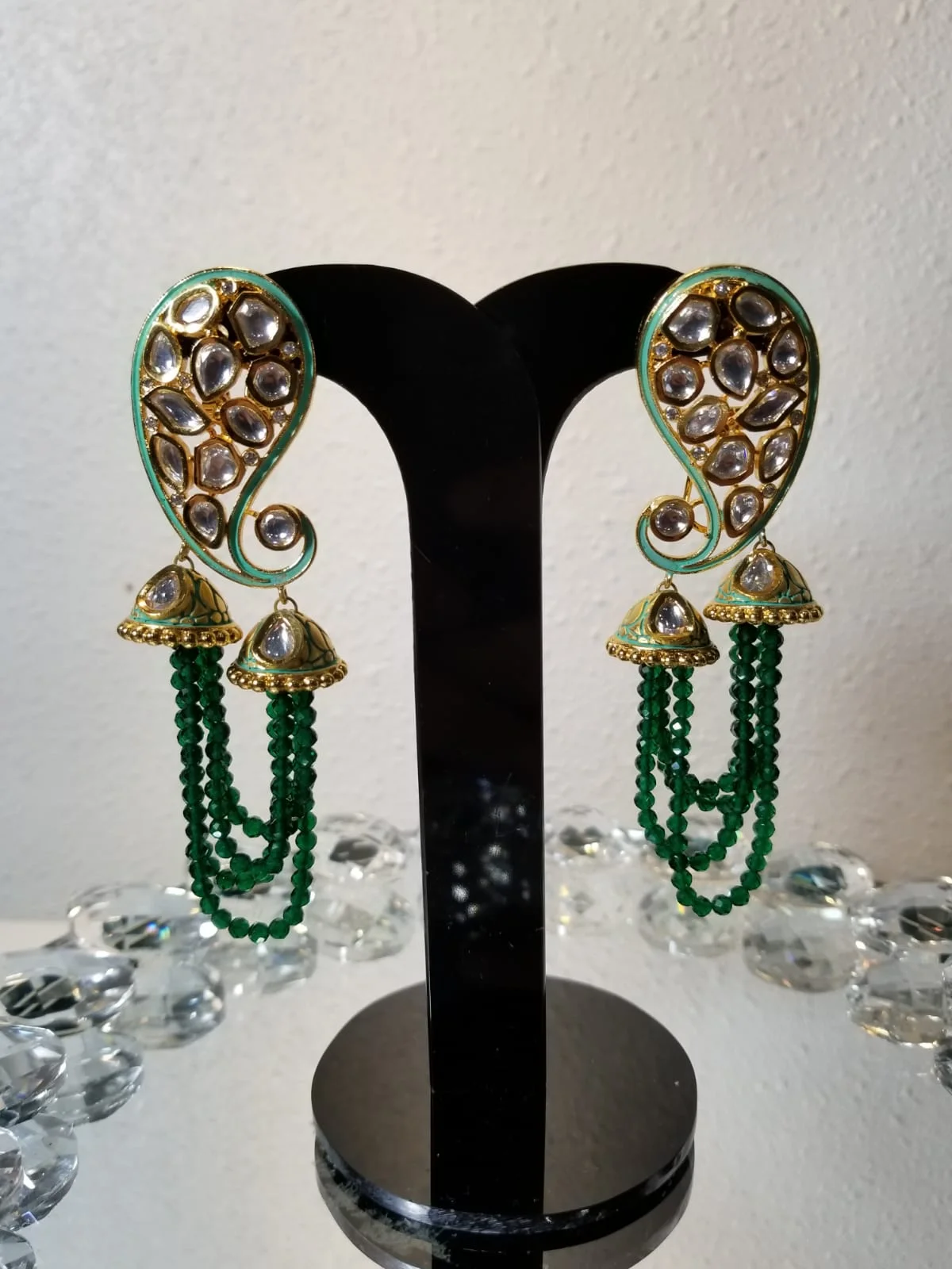 Kundan Earrings with Green Pearl Stings, Mint Accents 