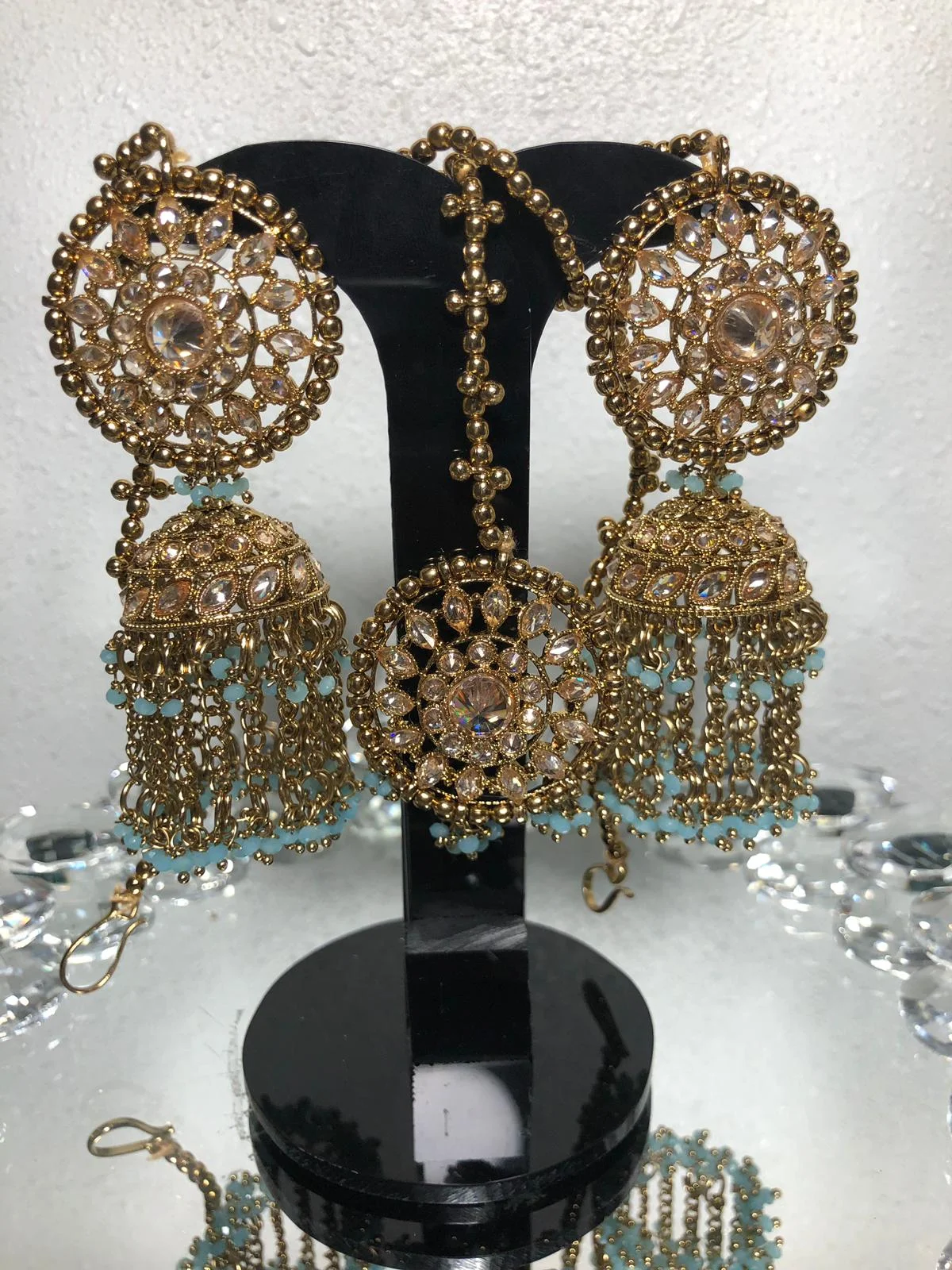 Champagne Gold Ear Chain Earrings with Turquoise Pearls and Maang Tikka 