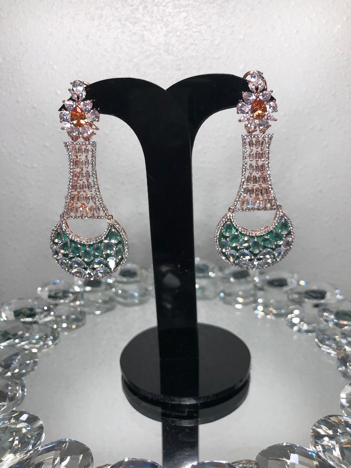 Studded Earrings with Green and White Crystals w/ Rose Gold Finish 