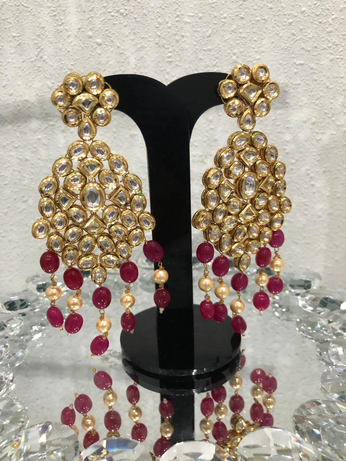 Kundan Earrings with Ruby Colored Pearls