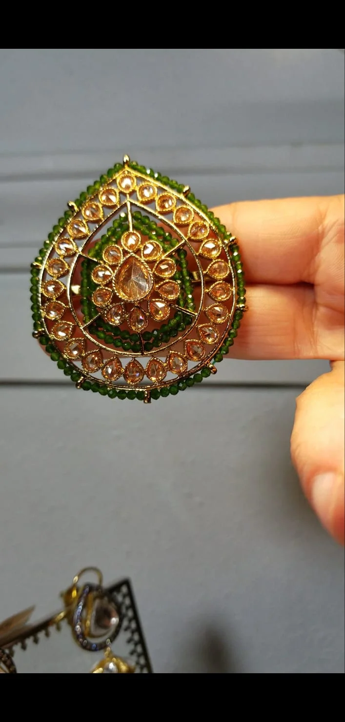 Champagne Gold Water Drop Shaped Ring with Green Pearls 