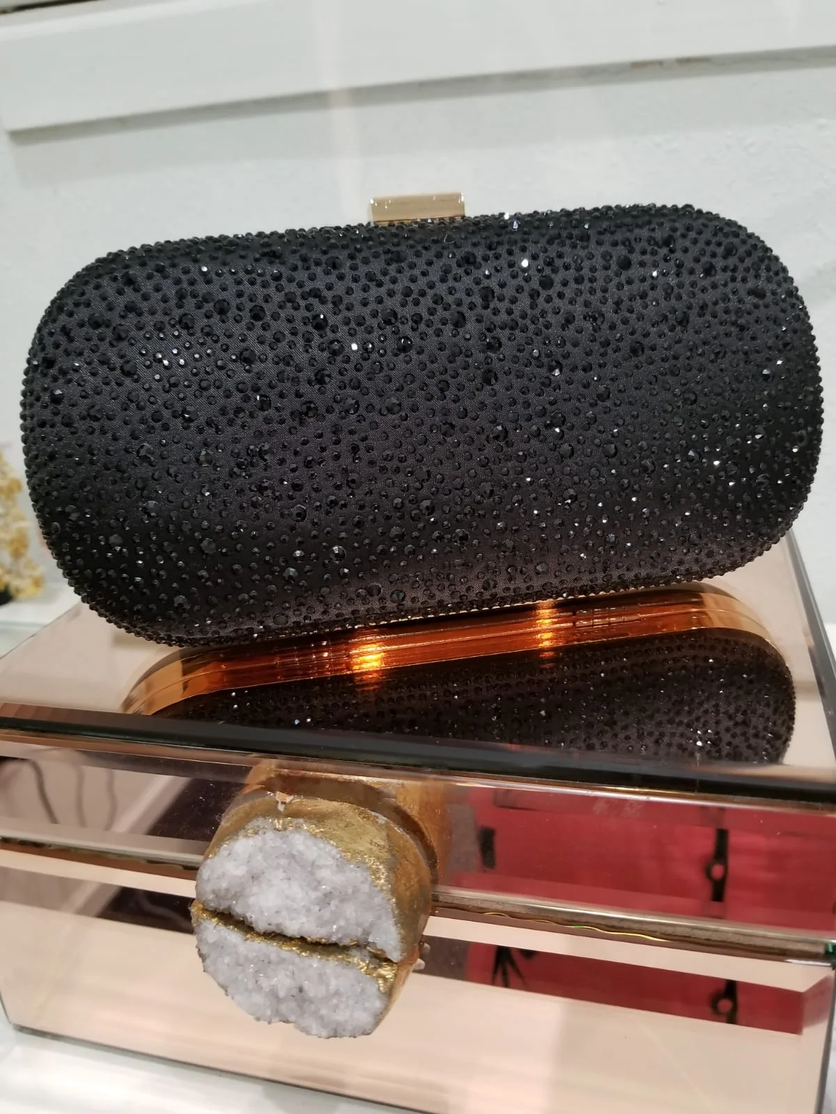 Rose Gold Finish Metal Black Clutch