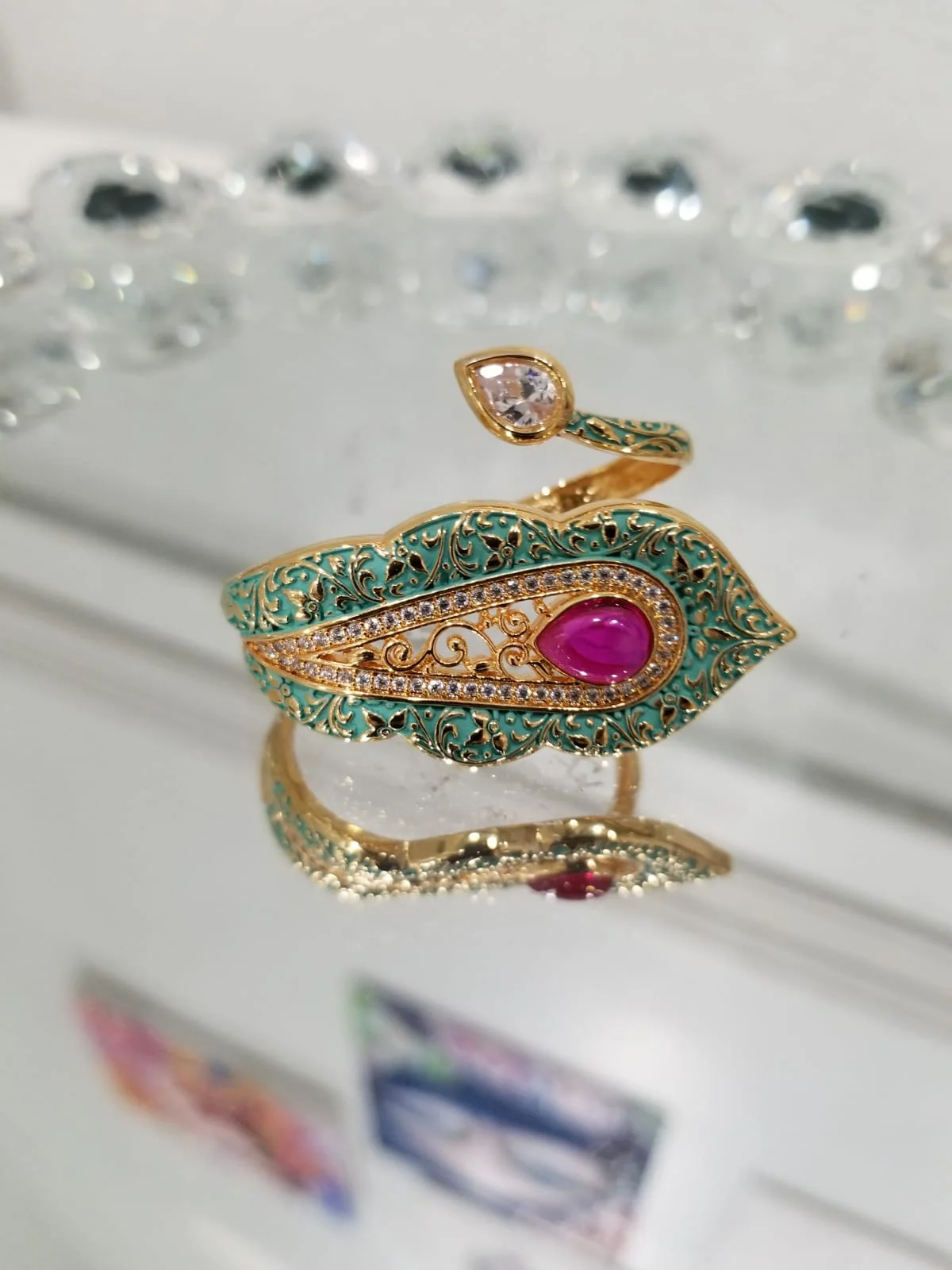 Jaipur Mint Green with Pink Ruby Accent Ring  