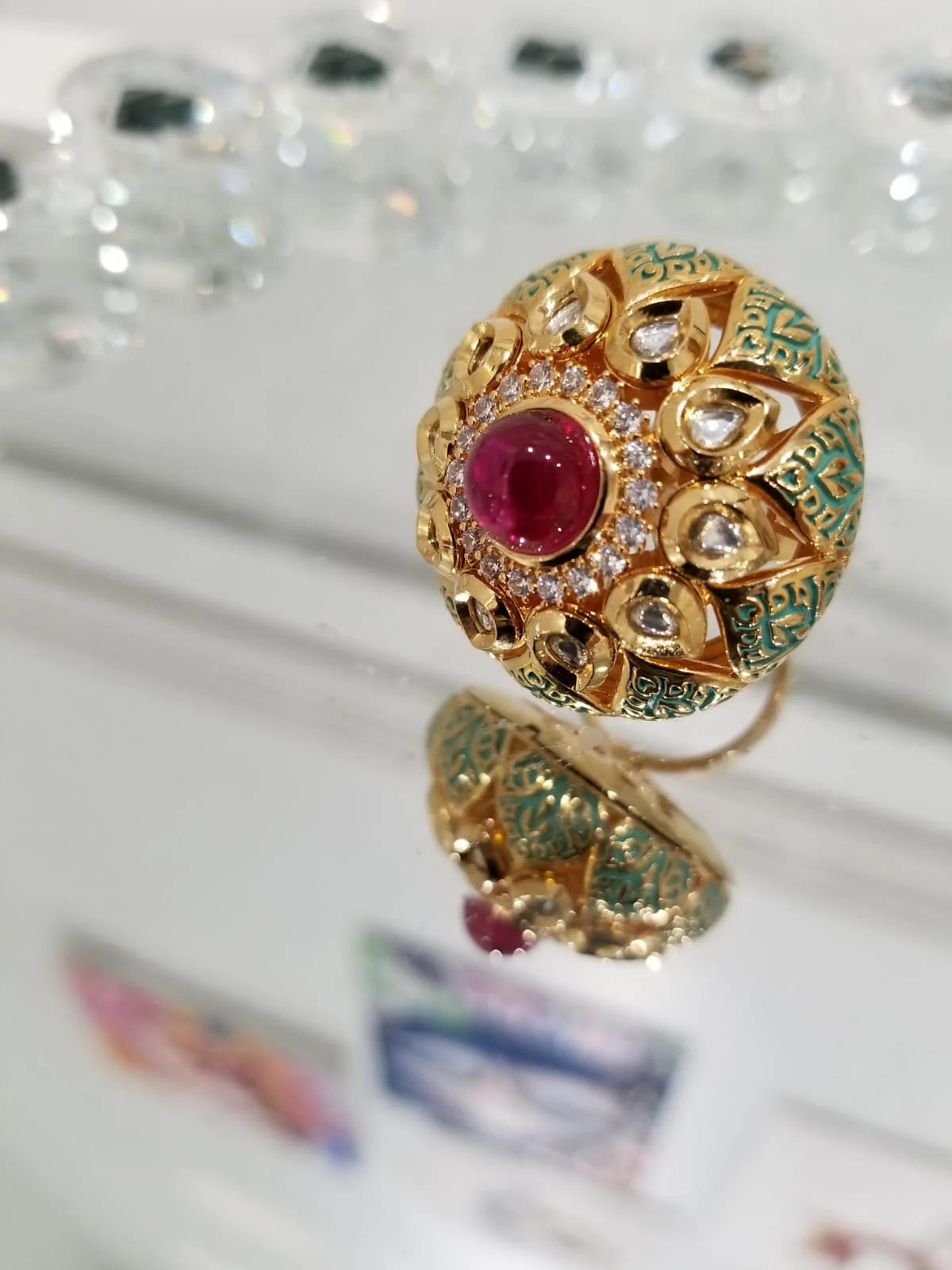 Crystal Studded Round Ring with Kundan Ruby stud