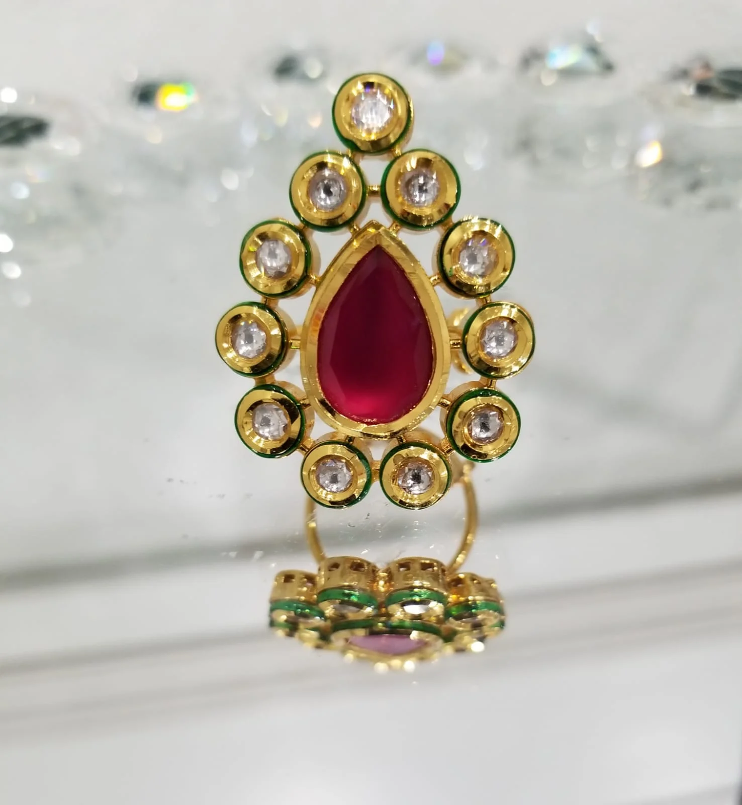 Drop Shaped Crystal and Ruby Colored Stud Ring 