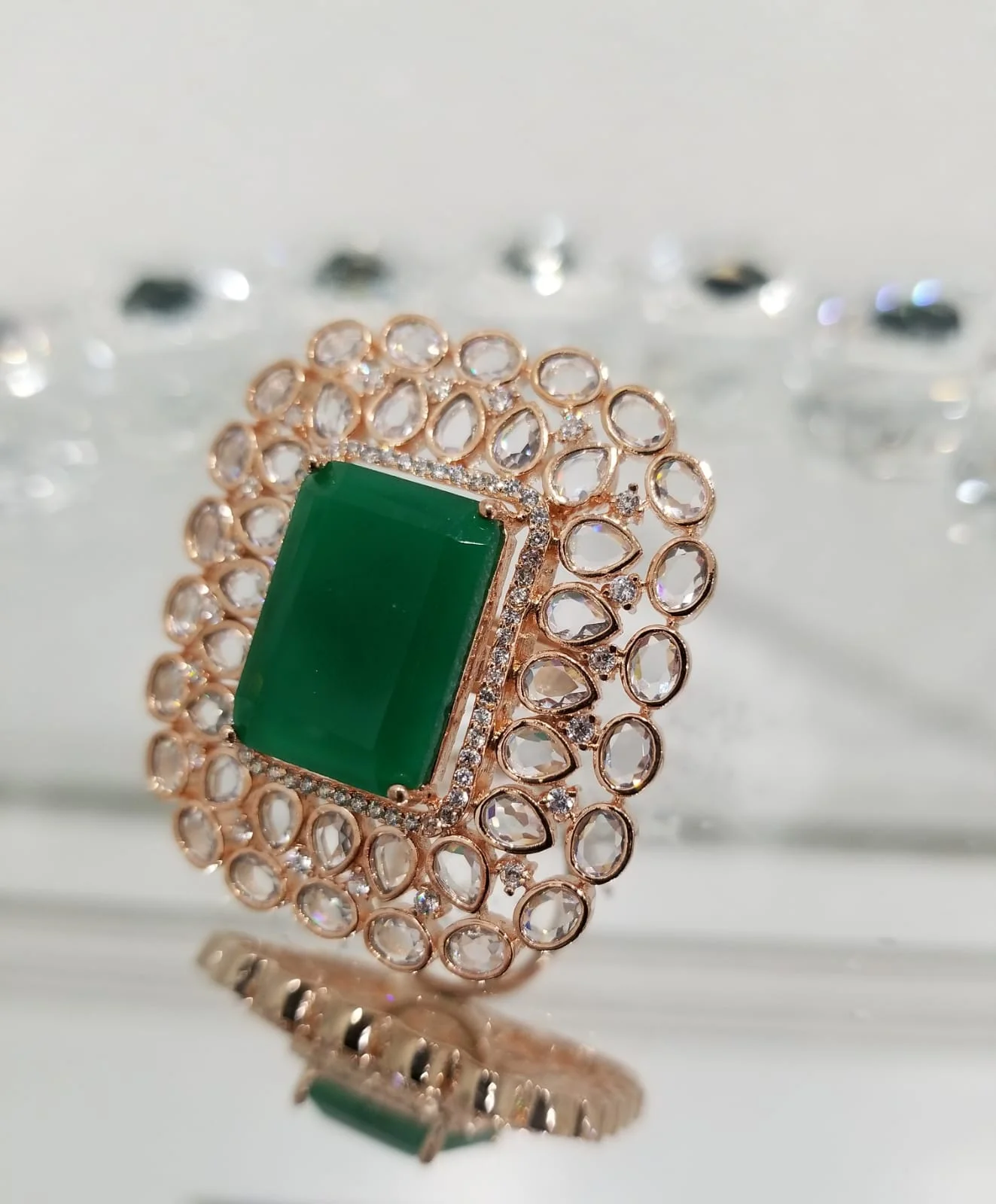 Clear Crystals with Rose Gold Finish with Large Emerald Stone 