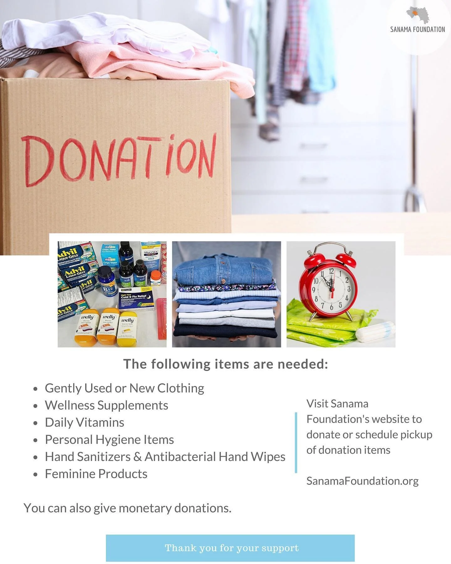 With everything going on in the world we have to remain focused. 
People are still in need. 
While Sanama Foundation has been helping out behind the scenes, we would love for you all to join us in our next project!

Sanama Foundation&rsquo;s Donation