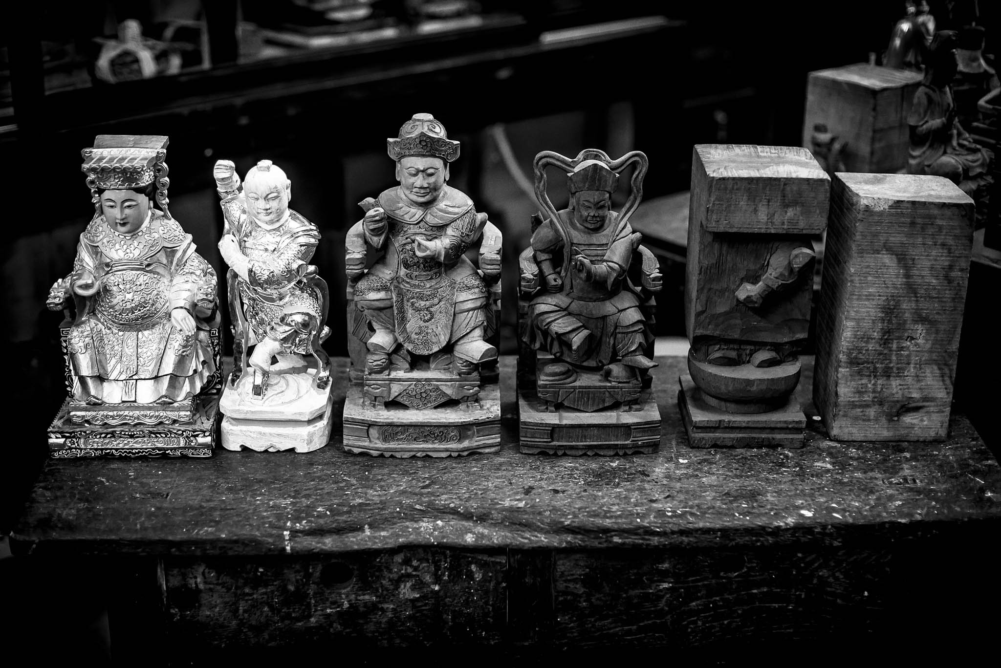 The pantheon of Chinese deities: Ma Zu the sea goddess, Ne Zha, the boy general, Xuan Wu.