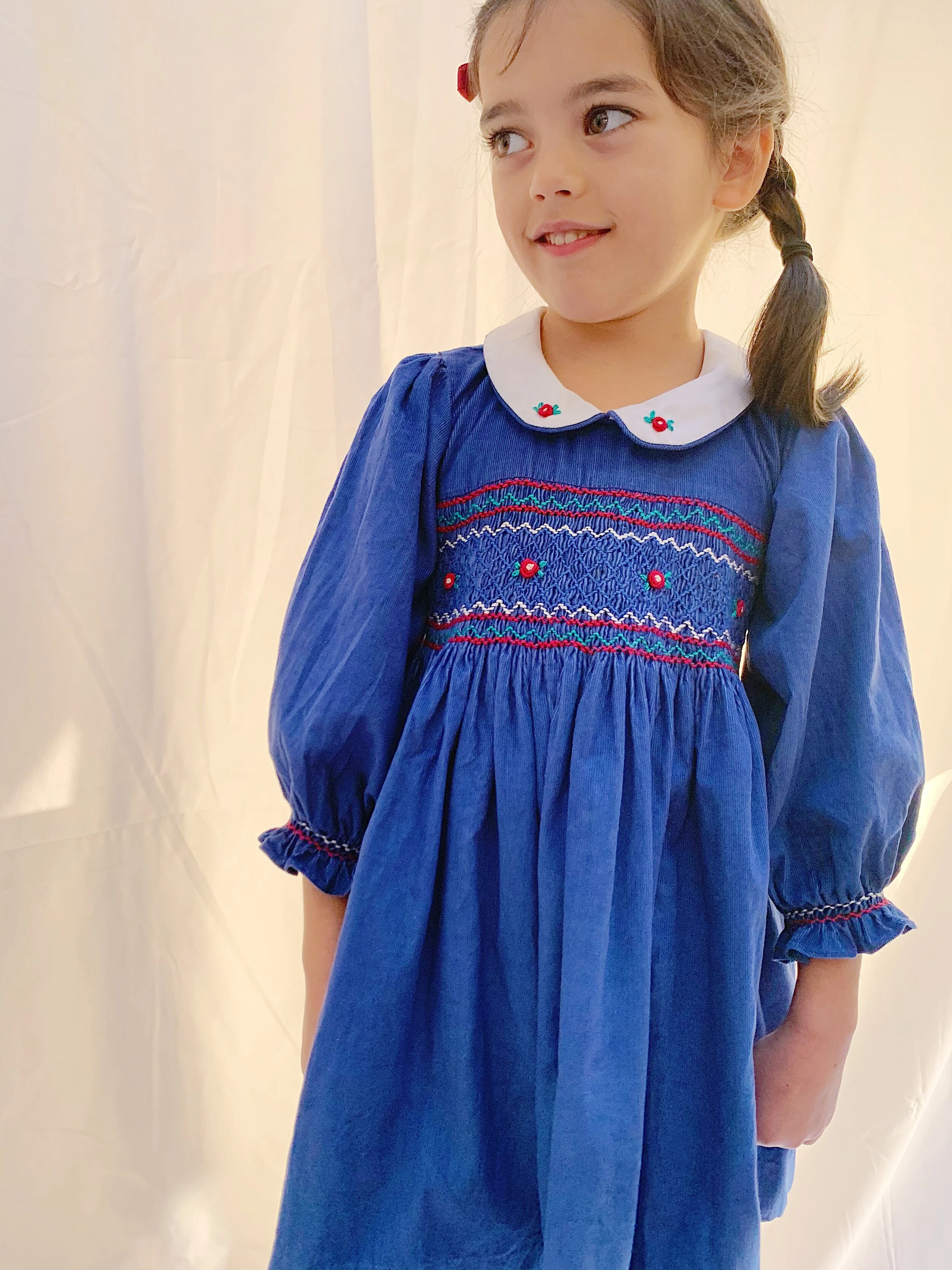 Girls' smocked winter dress - blue 