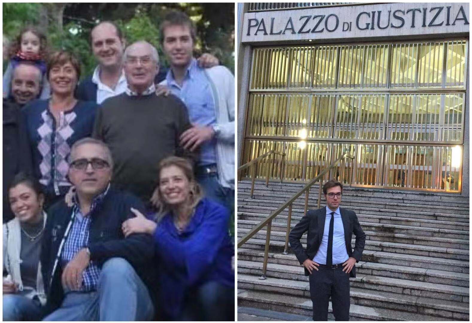 Vittorio Franzese: Standing next to his father's law partner at a family gathering, alongside a photo from the day he passed the bar exam.