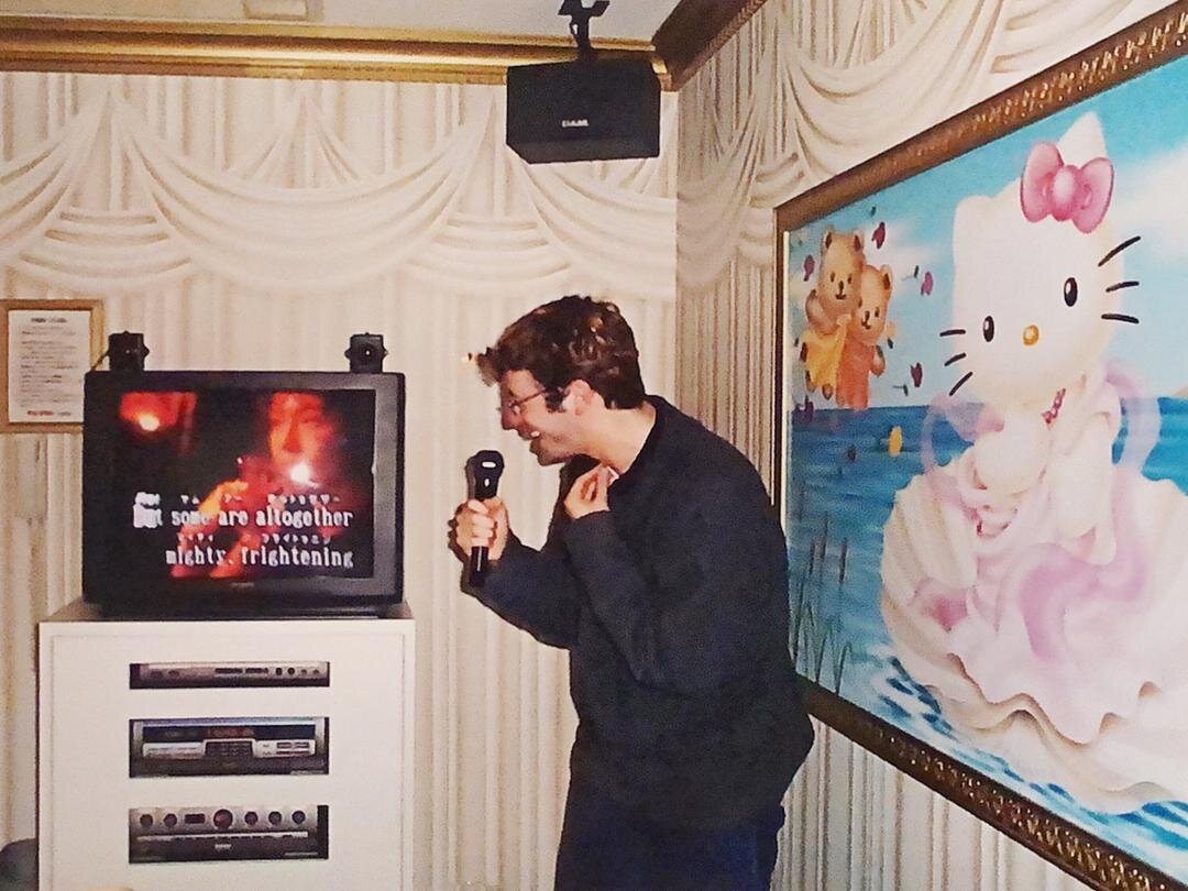 A photo from when I first got into karaoke, taken in 岡山 [Okayama] in western Japan in 1999, back when I still had brown hair.