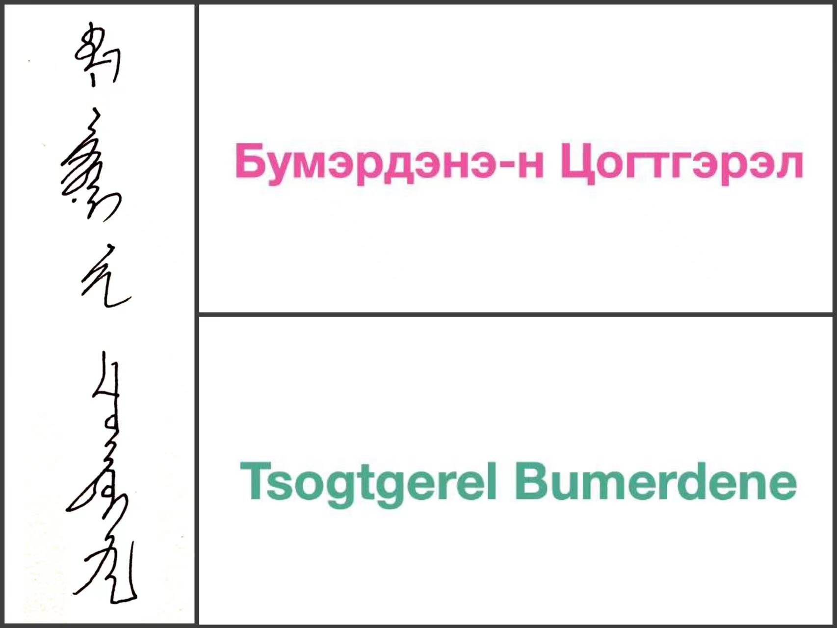 Tsogtgerel Bumerdene: Her name, in three scripts.