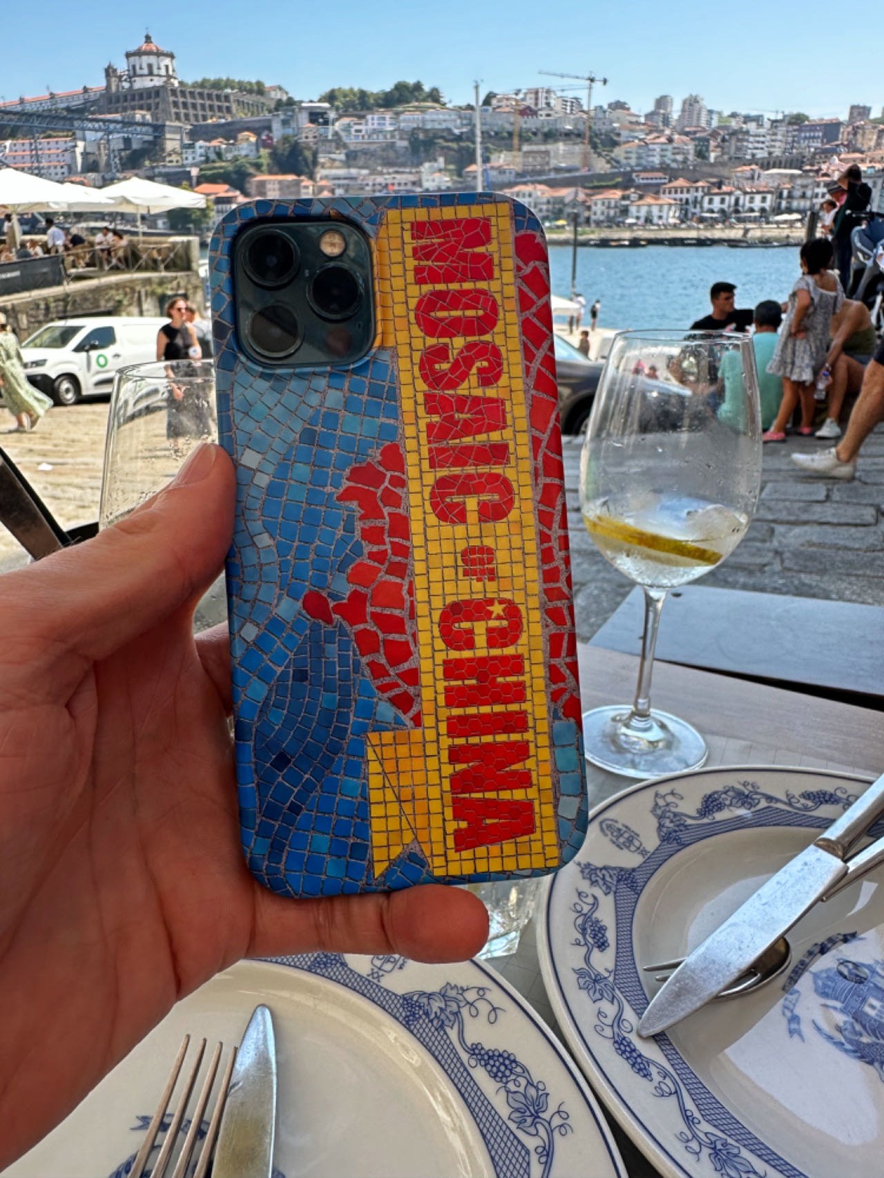 Oscar's Mosaic of China phone case on proud display in Porto, Portugal.