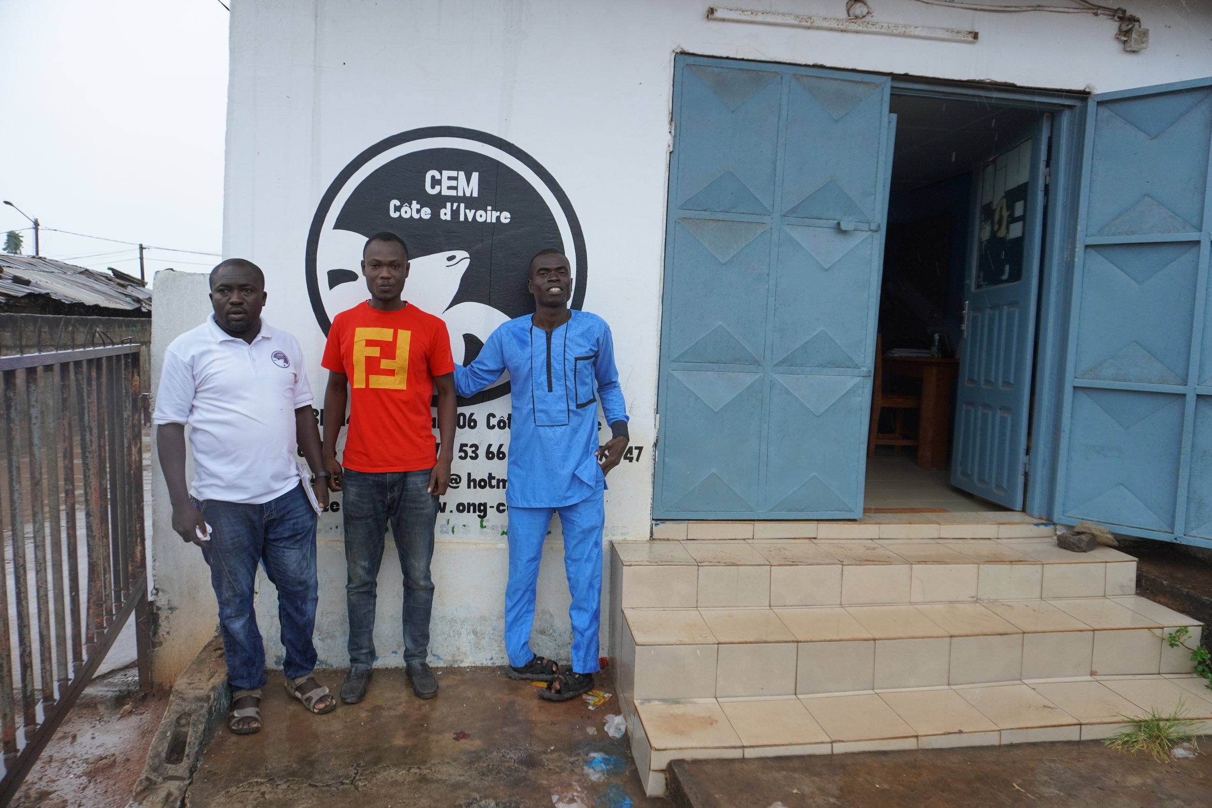  " The fishermen are the most troublesome. The turtles destroy their fishing nets. We give them spools to repair them, but they would prefer to receive brand new nets. " Alexandre Dah, president, Gilles Soro and Abel Gba, project managers, in front o