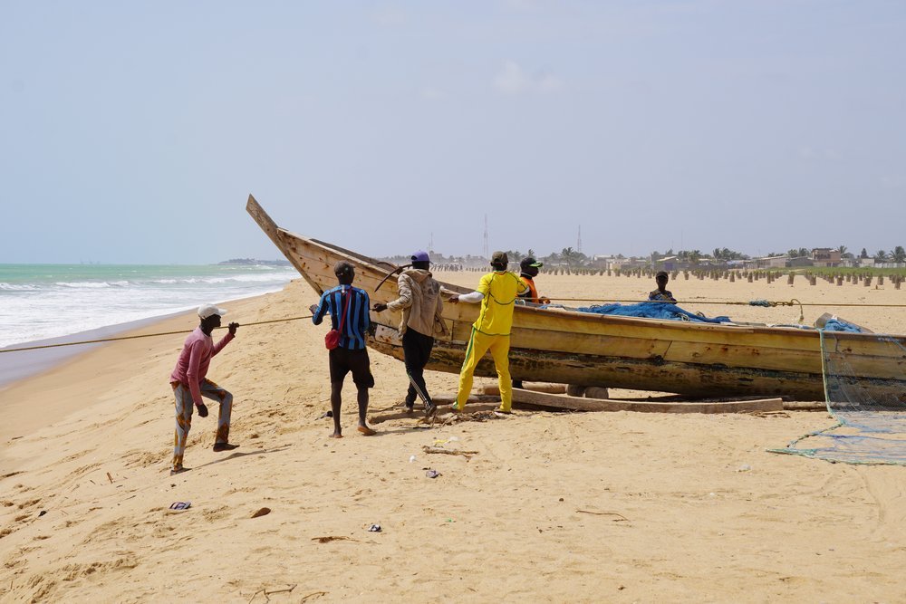  As they pull, the two lines of men and women move perpendicular to the coast along with the ocean currents. The lines often have to step over pirogues parked on the beach.  