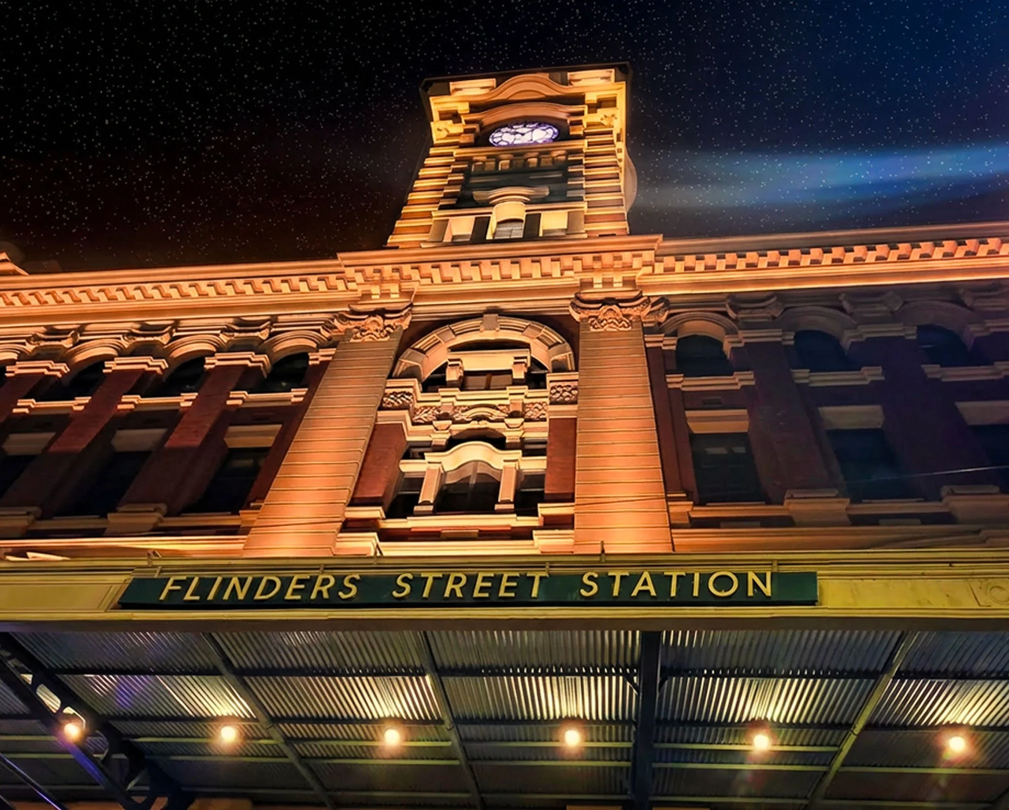 Night image of Flinders St Station