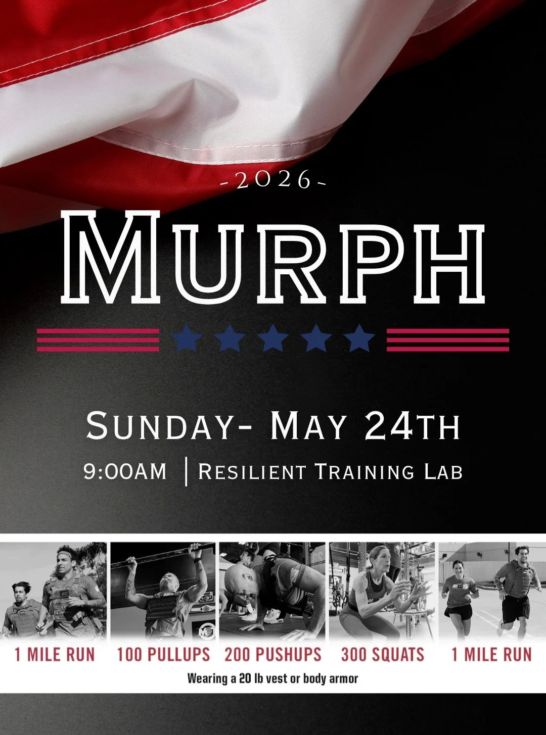 𝑴𝑼𝑹𝑷𝑯 2026 𝒊𝒔 𝒄𝒐𝒎𝒊𝒏𝒈 𝒔𝒐𝒐𝒏! 

We are official hosts for the 𝗠𝗨𝗥𝗣𝗛 workout, which will be held Sunday, May 24th at 9AM, right here at Resilient Training Lab.

For those that don't know, 𝗠𝗨𝗥𝗣𝗛 is a CrossFit Hero workout named 