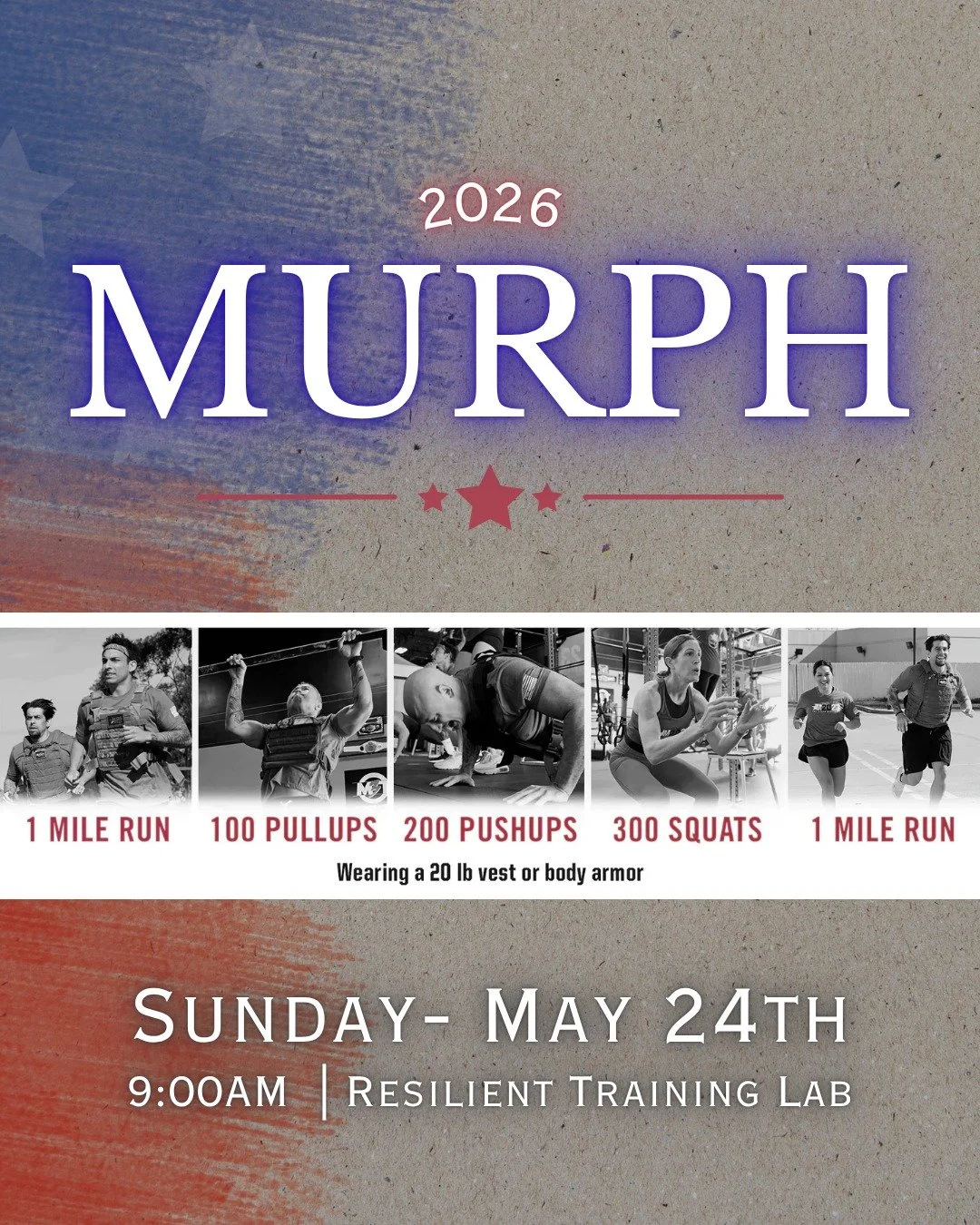 Don't forget ! We are official hosts for the 𝗠𝗨𝗥𝗣𝗛 workout, which will be held Sunday, May 24th at 9AM, right here at Resilient Training Lab.

For those that don't know, 𝗠𝗨𝗥𝗣𝗛 is a CrossFit Hero workout named after U.S. Navy SEAL - Lt. Mich