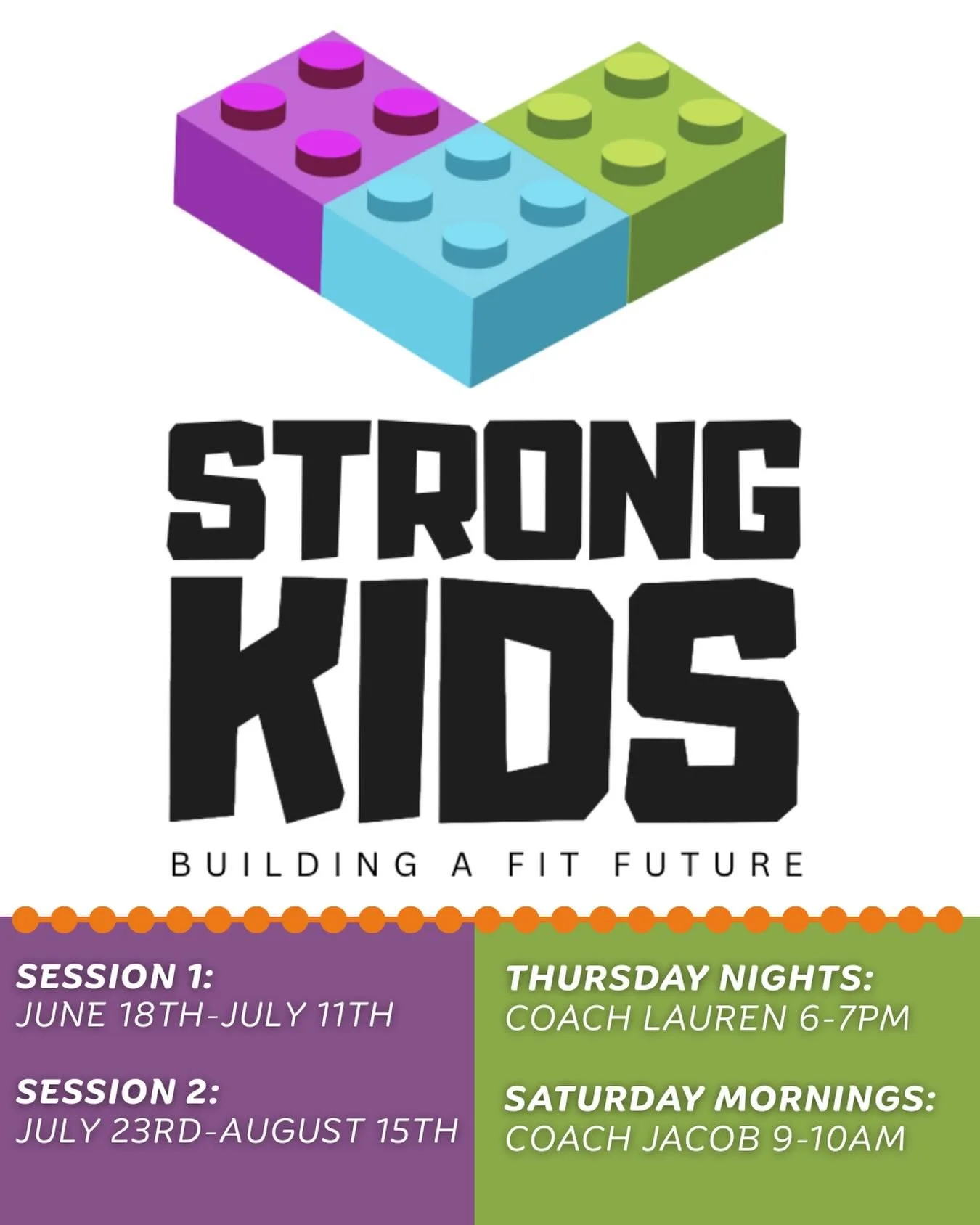 Strong Kids | 2026 Summer Sessions!

Session 1: June 18th- July 11th
Session 2: July 23rd - August 15th

Recommended for ages 8+
-No Parent/Guardian Required
-5:1 Student to Coach Ratio
-45-60 Minute classes focused on beginner barbell skills, struct
