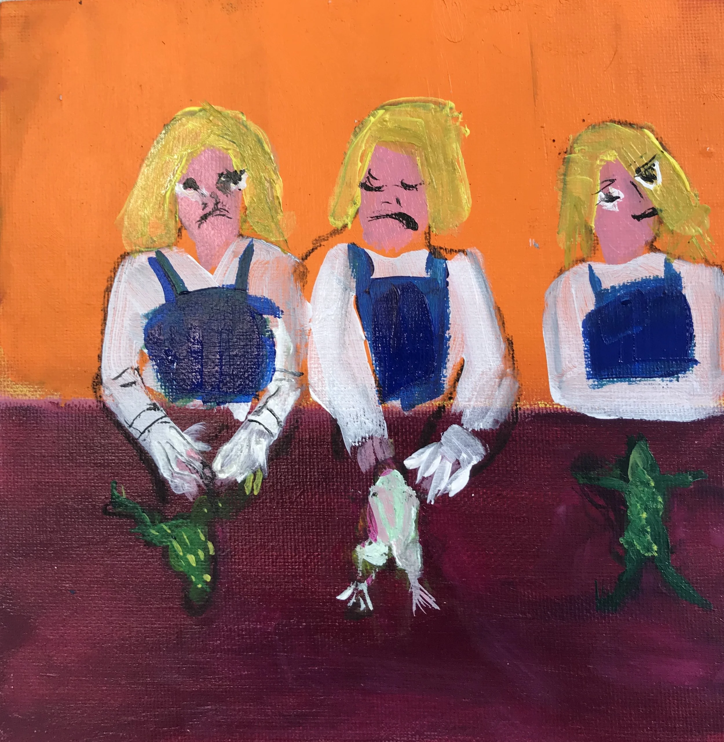  three girls cutting up frogs, orange 12 × 12 inches  acrylic on canvas board   2018      . 