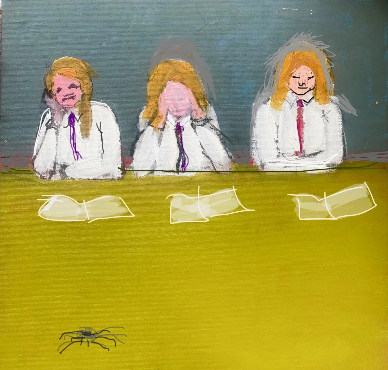  tjhree girls studying with spider on the table        . 